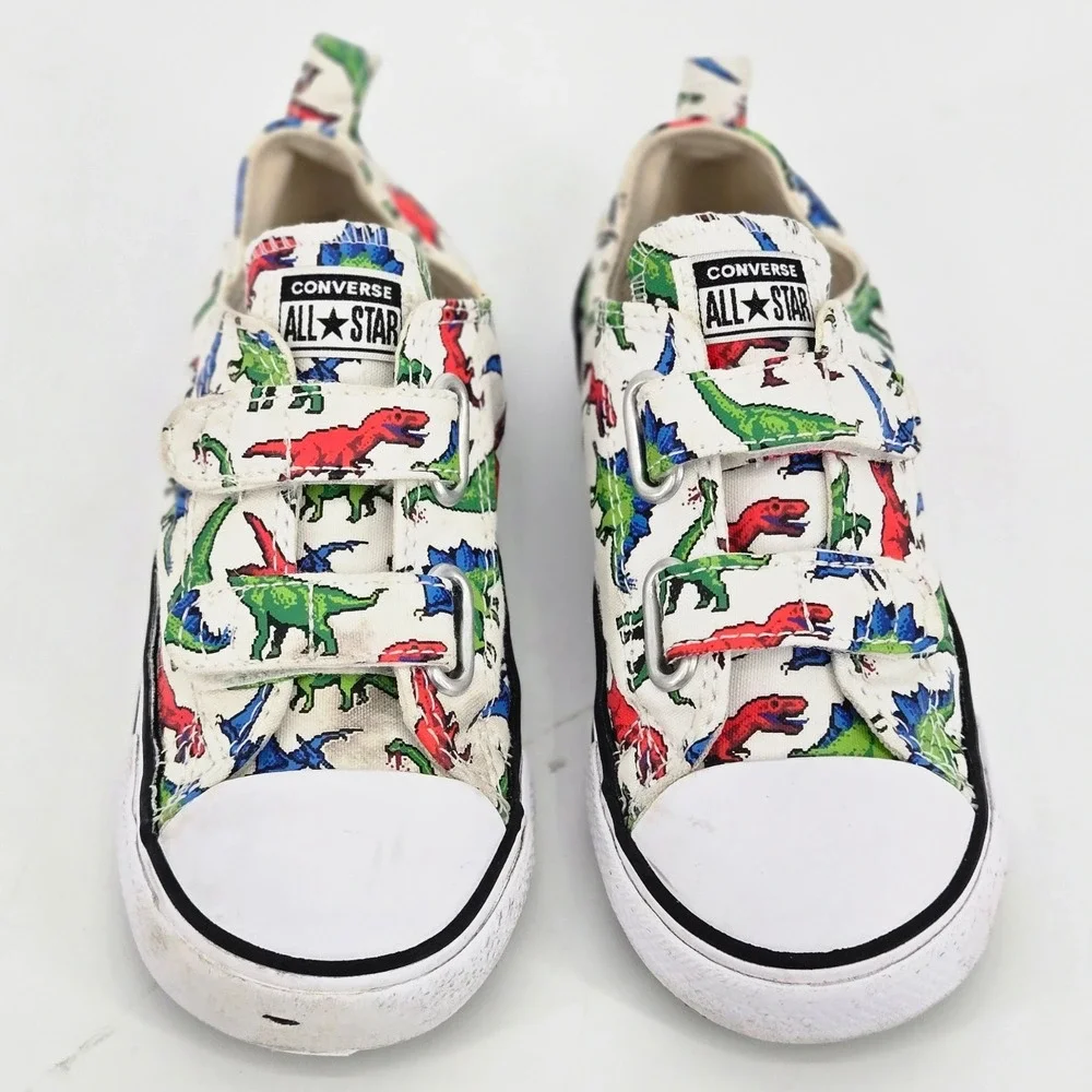 Converse Chuck Taylor All Star 2V Dinosaur Print White Canvas Toddler Shoes 10c